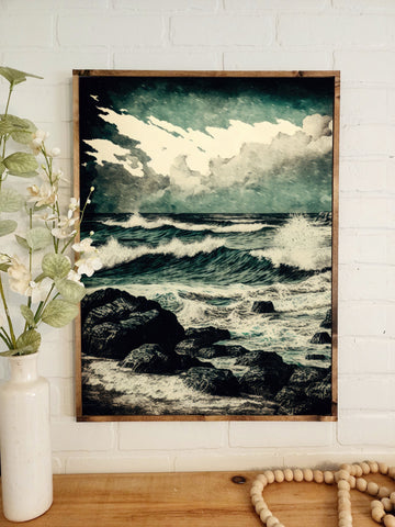 Ocean Landscape Painting, Ocean Wall Art, Ocean Print, Framed Canvas Wall Art, Gallery Wall Print, Vintage Style Painting, Moody Art Print