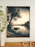 Landscape Painting, Framed Canvas Wall Art, Riverside Painting, Gallery Wall Print, Vintage Style Painting, River Landscape Wall Art, Rustic