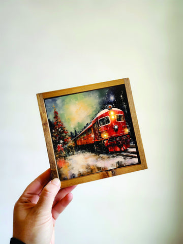 Vintage Christmas Train Sign, Oil Painting, Vintage Christmas Prints, Christmas Wood Sign, Small Framed Christmas Sign, Framed Wood Sign