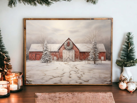 Red Christmas Barn Print, Framed Canvas Print, Christmas Wall Art, Christmas Mantel Decor, Christmas Sign, Framed Art, Winter Landscape